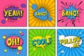 Comic speech bubbles. Pop art vector label illustration. Vintage comics book poster on blue background. Royalty Free Stock Photo